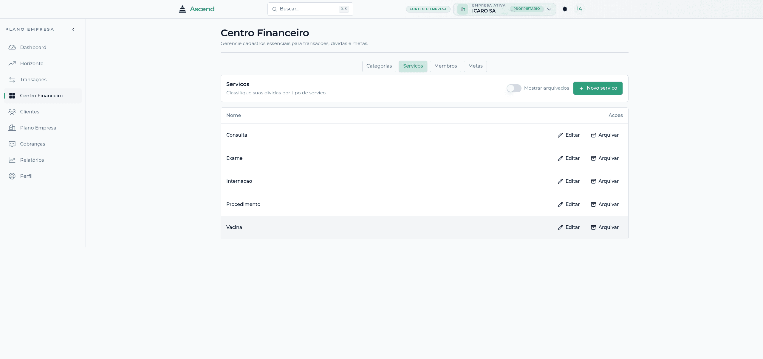 Screenshot apresentando a área de Centro Financeiro
